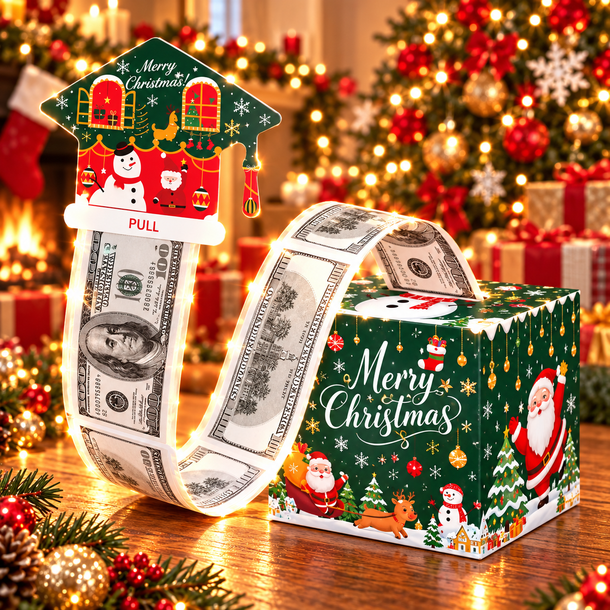 💵🎄 Christmas Money Pull Surprise Box 50 Fillable Pockets for Cash, Treats, Notes & More 🎁