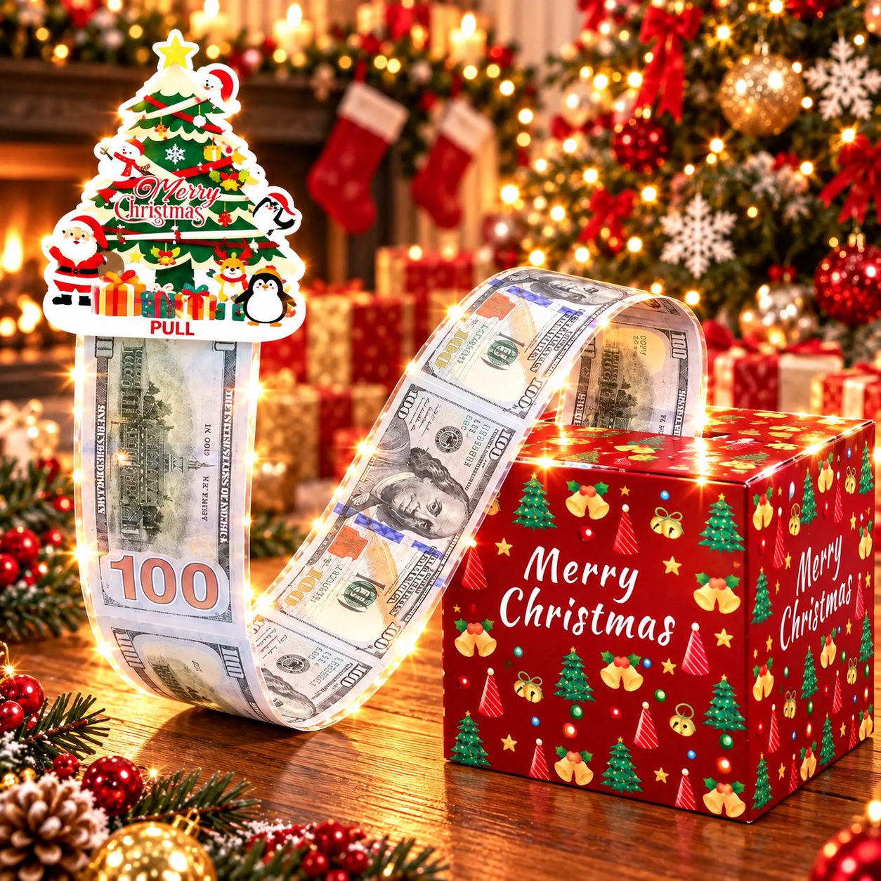 💵🎄 Christmas Money Pull Surprise Box 50 Fillable Pockets for Cash, Treats, Notes & More 🎁