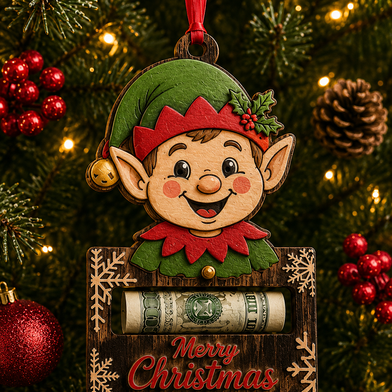 🔥Last 40pcs🎉-✨🎄 Wooden Christmas Cash Gift Holder Ornament – Make Cash Feel Like a Real Christmas Gift