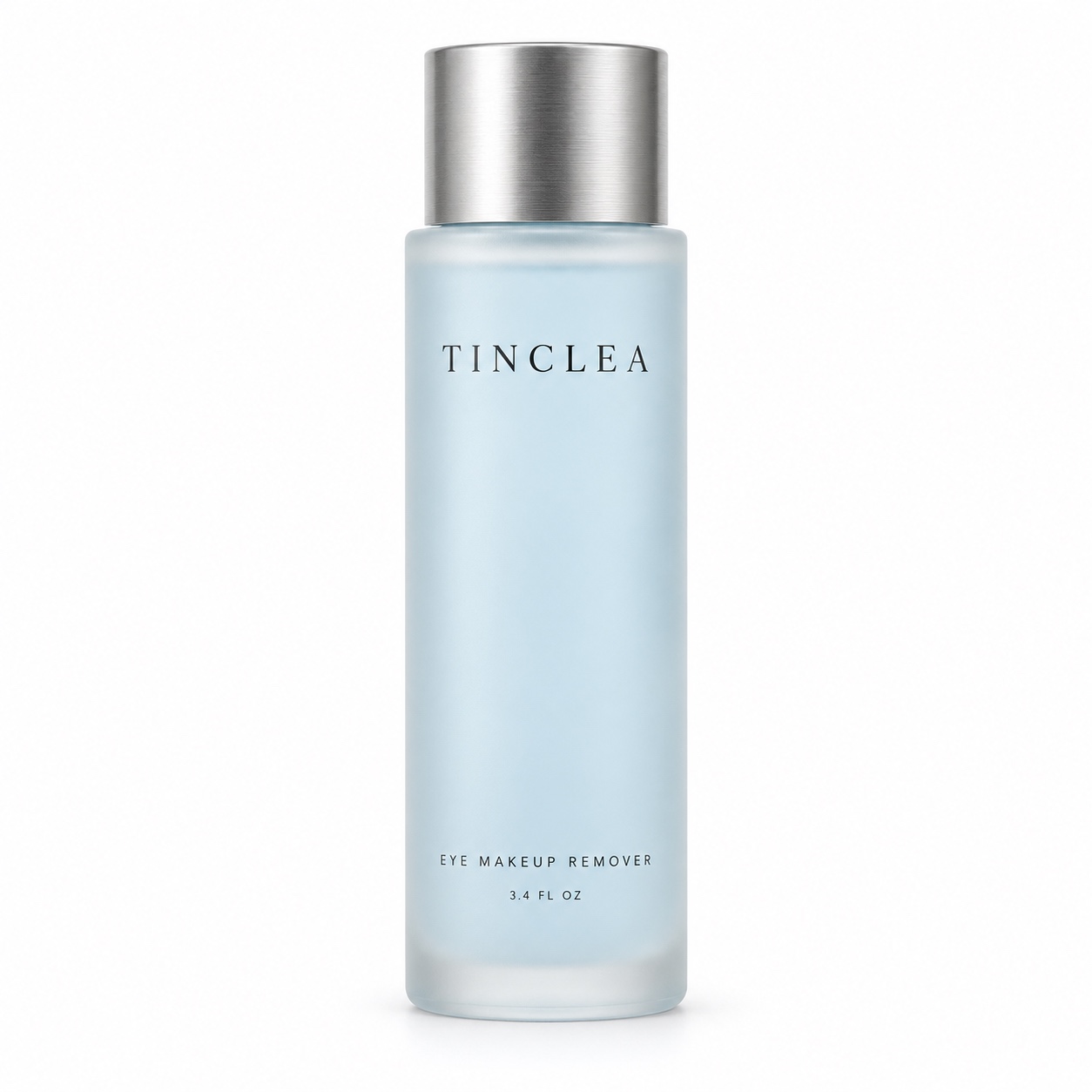 TinClea Eye Makeup Remover, Eye make-up remover 3.4 fl oz frosted glass bottle with brushed silver cap on a white background