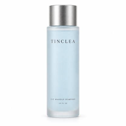TinClea Eye Makeup Remover, Eye make-up remover 3.4 fl oz frosted glass bottle with brushed silver cap on a white background
