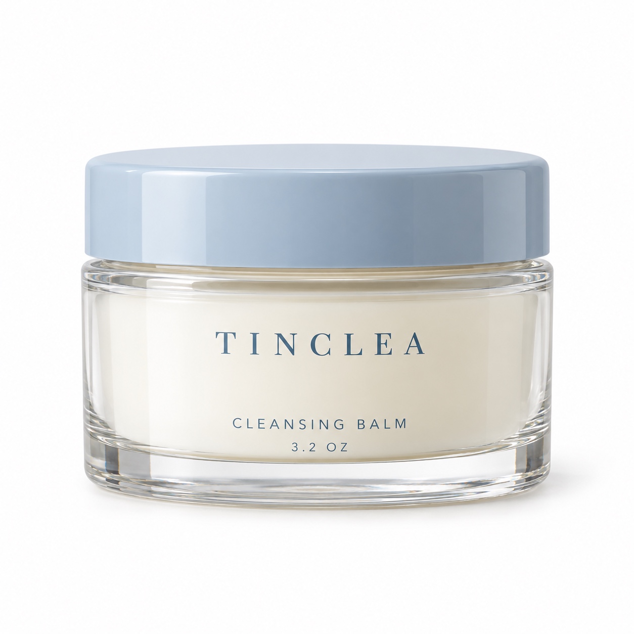 TinClea Cleansing Balm, Make-up removing milk, gel, lotions and creams 3.2 oz clear glass jar with dusty blue glossy lid on a white background