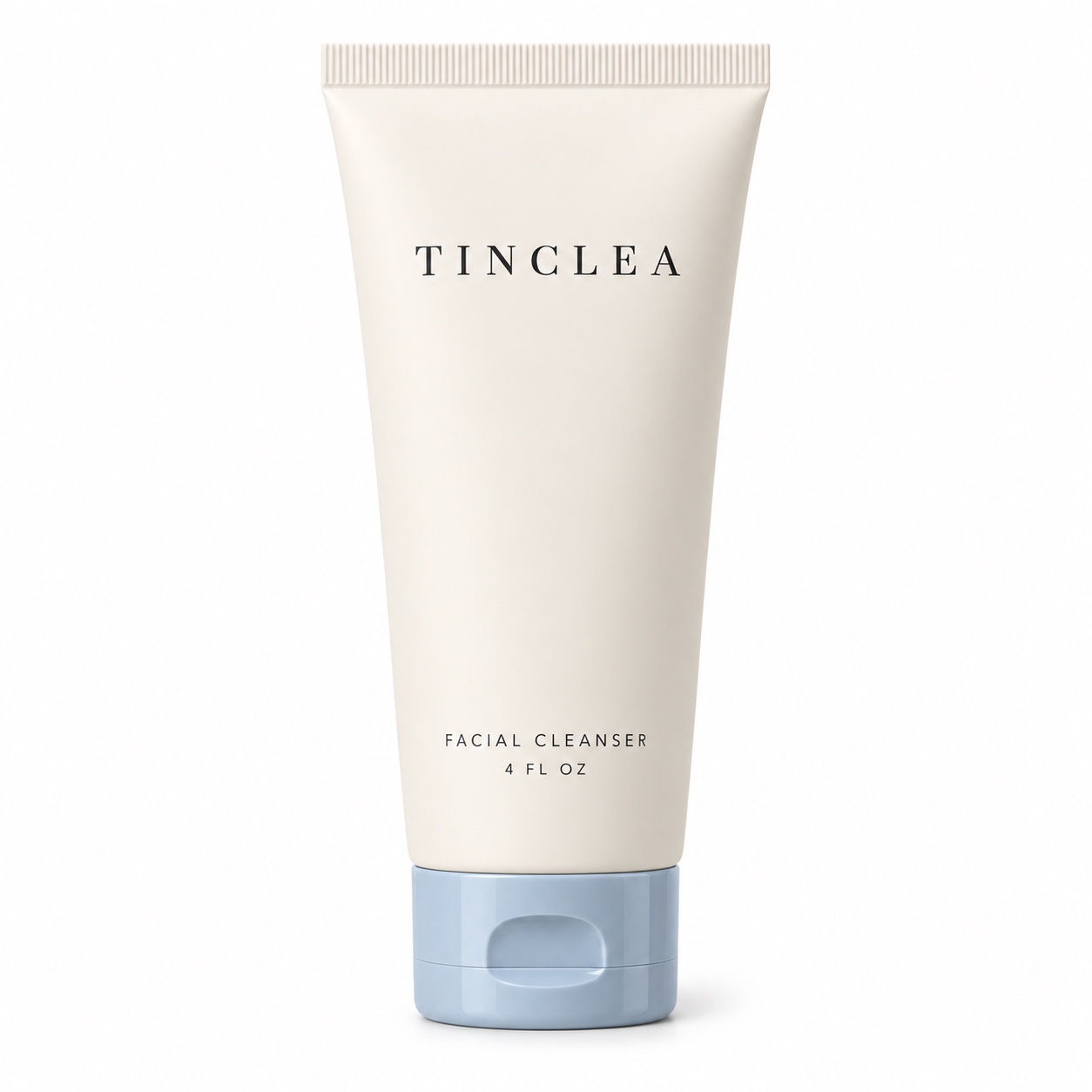 TinClea Facial Cleanser 4 fl oz ivory matte squeeze tube with dusty blue flip cap on a white background