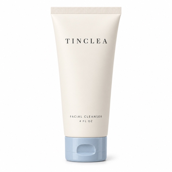 TinClea Facial Cleanser, Facial washes 4 fl oz ivory matte squeeze tube with dusty blue flip cap on a white background