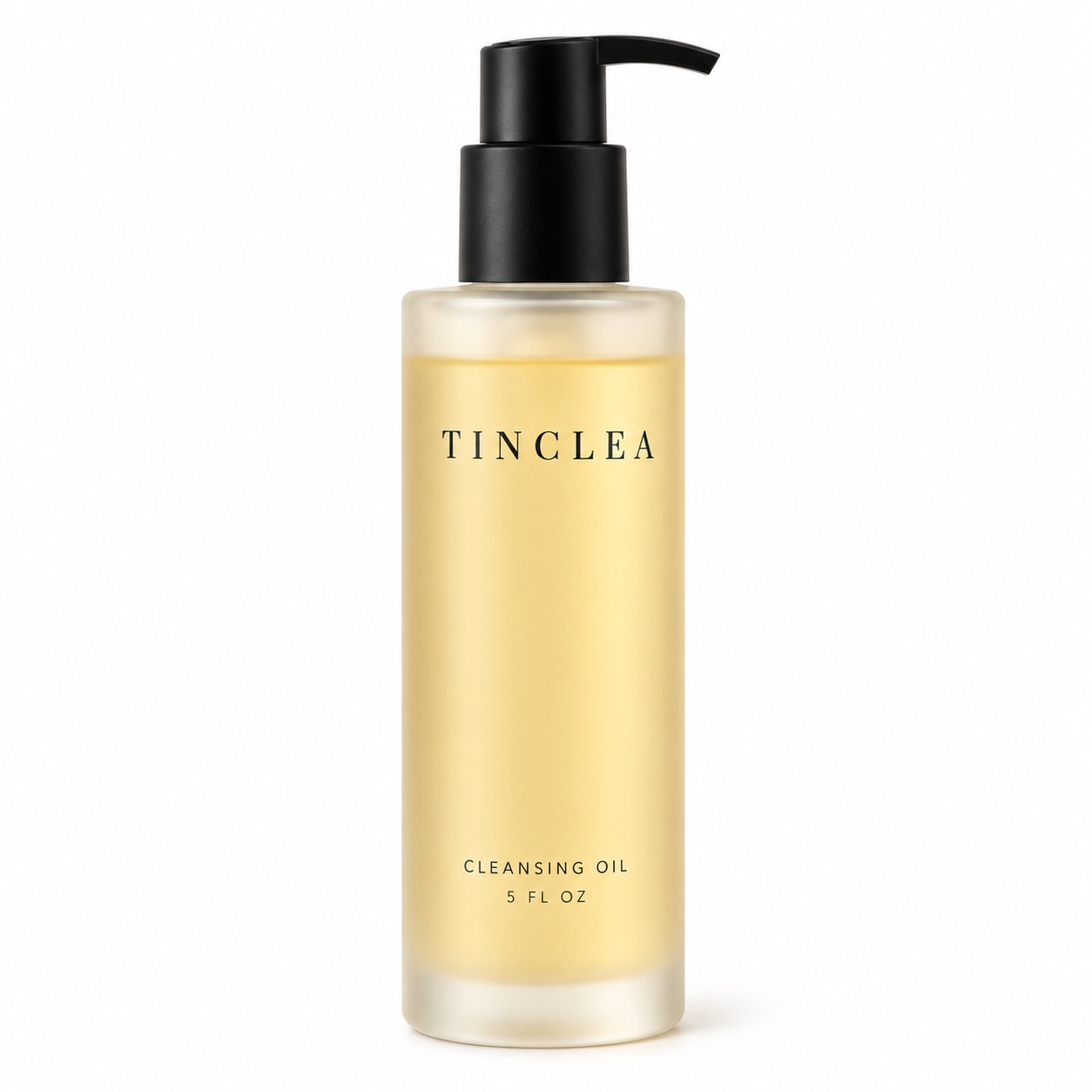 TinClea Cleansing Oil, Natural oils for cleaning purposes 5 fl oz frosted glass pump bottle with black pump on a white background