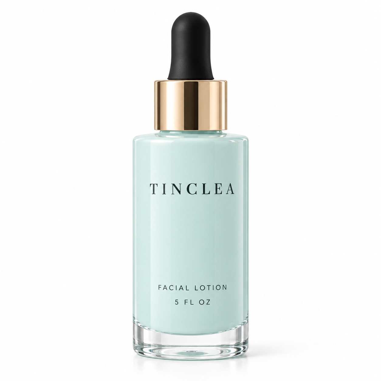 TinClea Facial Lotion, Facial lotion 5 fl oz pale aqua serum bottle with champagne gold collar and black dropper on a white background
