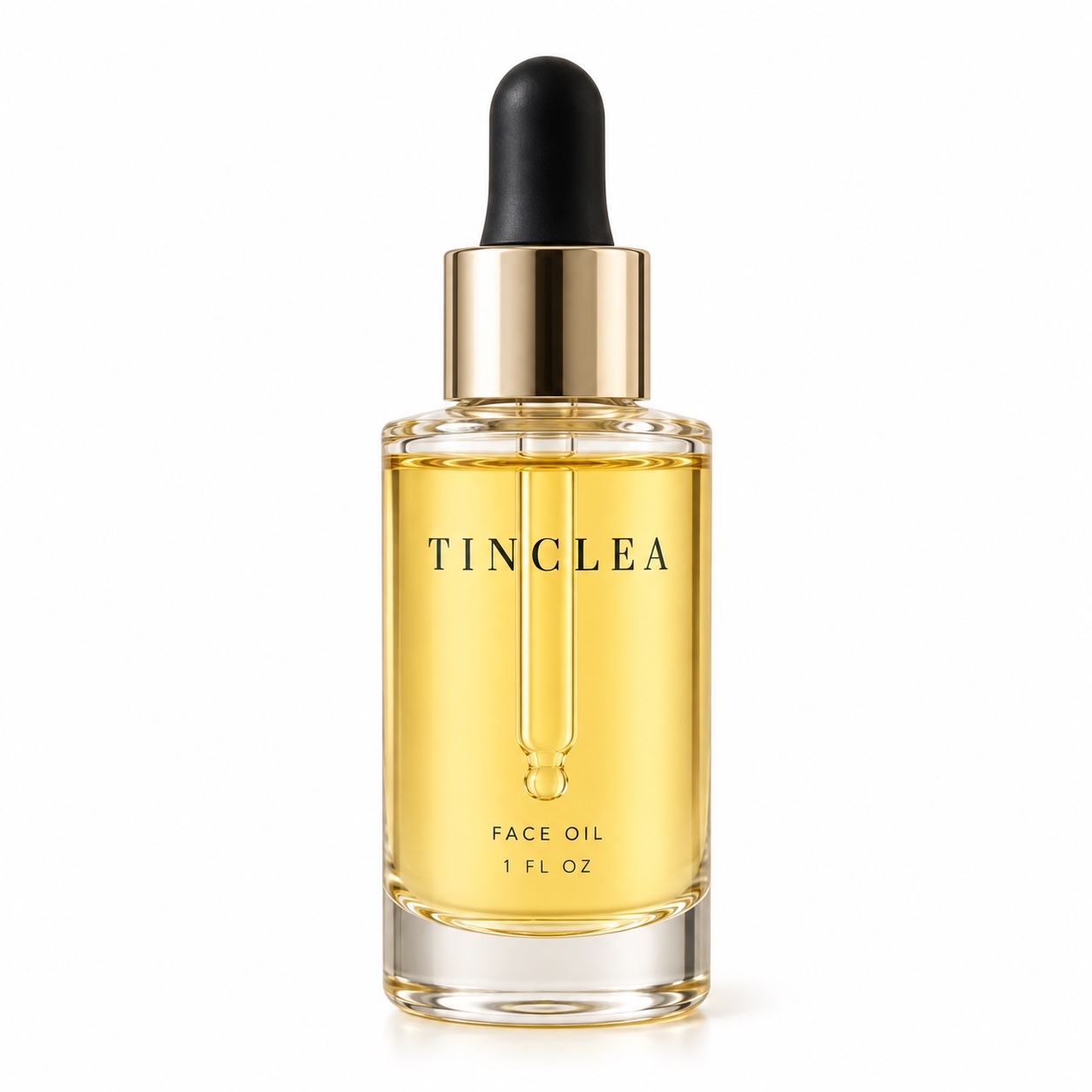 TinClea Face Oil, Face oils 1 fl oz clear glass dropper bottle with amber oil and champagne gold collar on a white background
