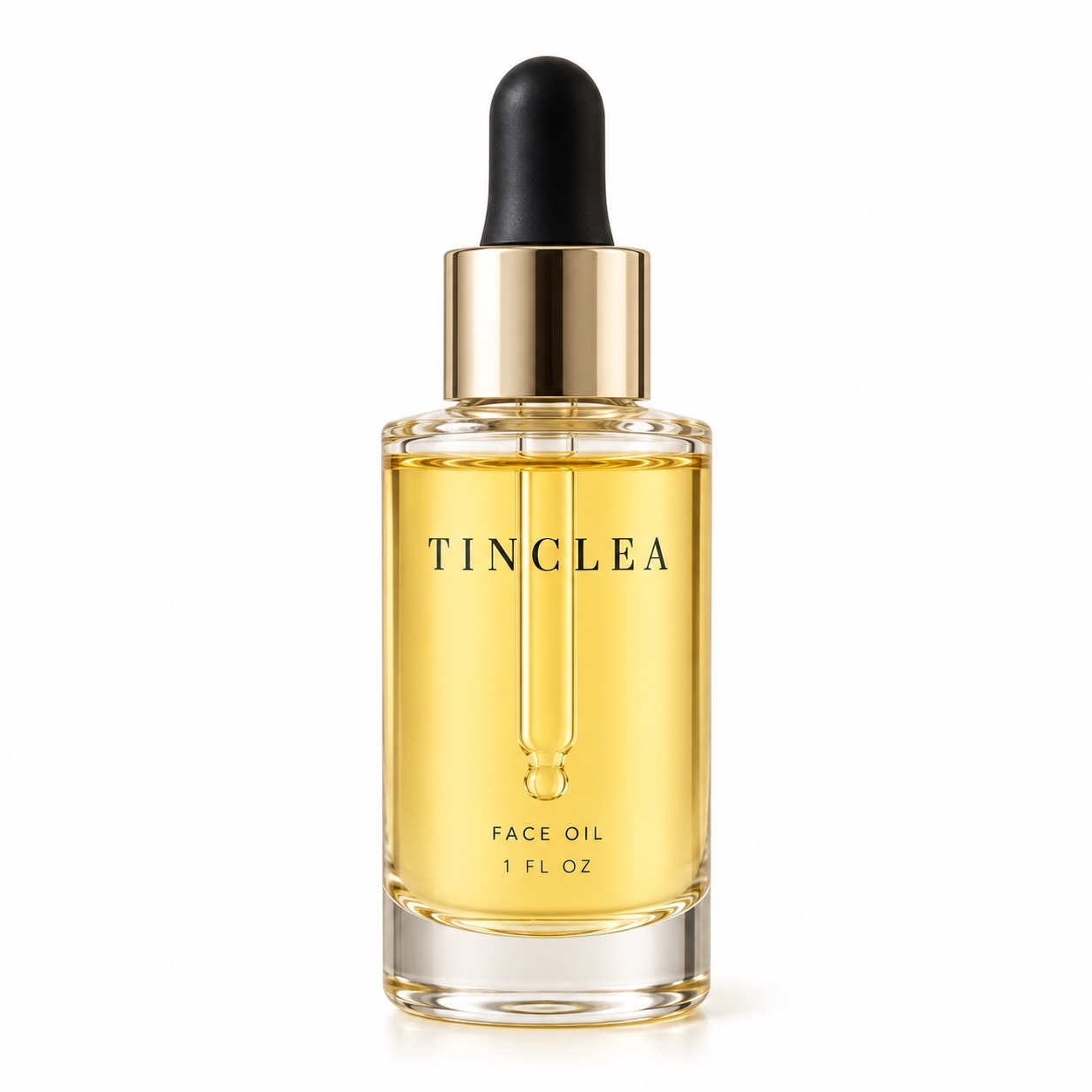 TinClea Face Oil, Face oils 1 fl oz clear glass dropper bottle with amber oil and champagne gold collar on a white background
