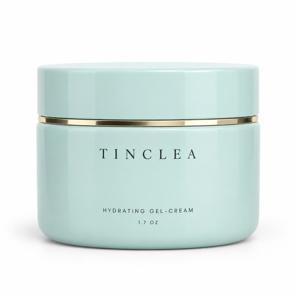 TinClea Hydrating Gel-Cream 1.7 oz pale aqua glossy jar with champagne gold band on a white background