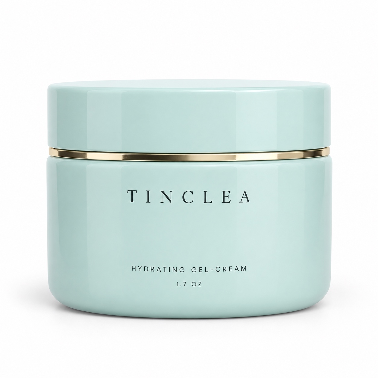 TinClea Hydrating Gel-Cream, Moisturizing preparations for the skin 1.7 oz pale aqua glossy jar with champagne gold band on a white background
