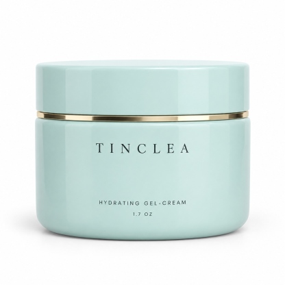 TinClea Hydrating Gel-Cream, Moisturizing preparations for the skin 1.7 oz pale aqua glossy jar with champagne gold band on a white background