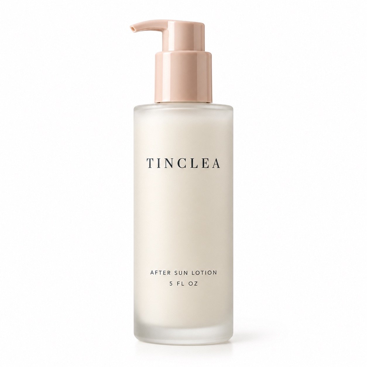 TinClea After Sun Lotion 5 fl oz frosted glass pump bottle with blush pink pump on a white background
