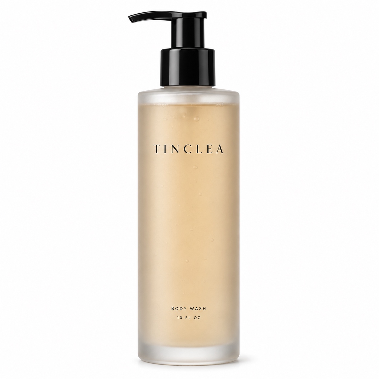 TinClea Body Wash 10 fl oz frosted glass pump bottle with black pump on a white background
