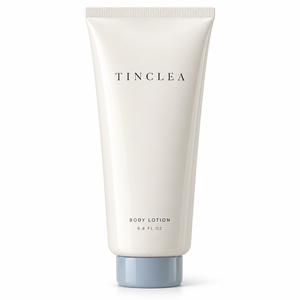 TinClea Body Lotion, Moisturizing preparations for the skin 6.8 fl oz ivory glossy squeeze tube with dusty blue cap on a white background