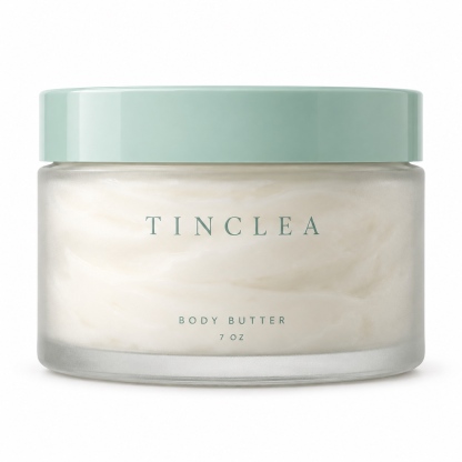 TinClea Body Butter, Moisturizing preparations for the skin 7 oz frosted glass jar with mint green glossy lid on a white background