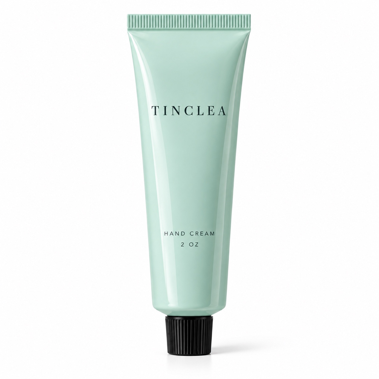 TinClea Hand Cream, Moisturizing preparations for the skin 2 oz mint green glossy squeeze tube with black screw cap on a white background