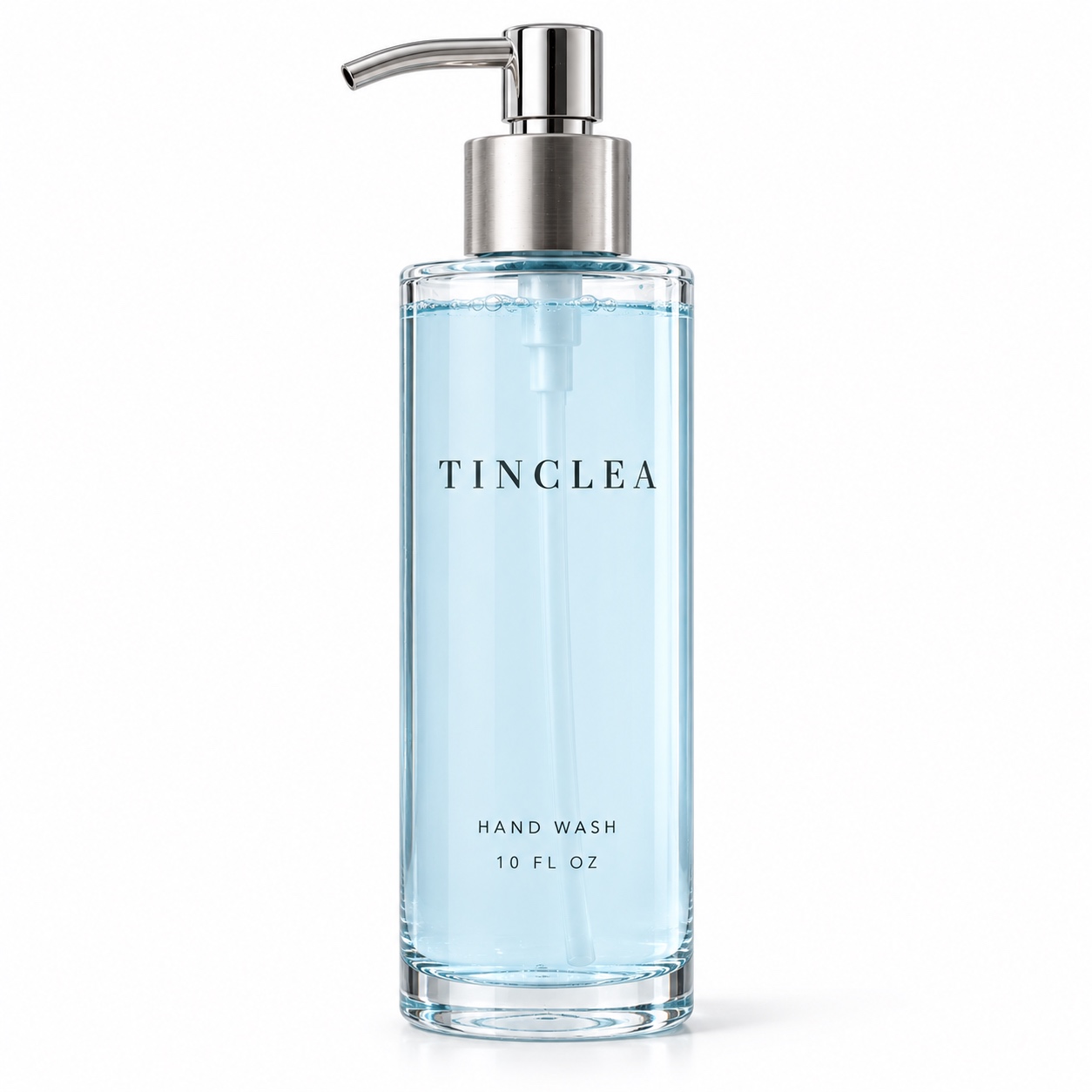 TinClea Hand Wash 10 fl oz clear glass pump bottle with brushed silver pump on a white background