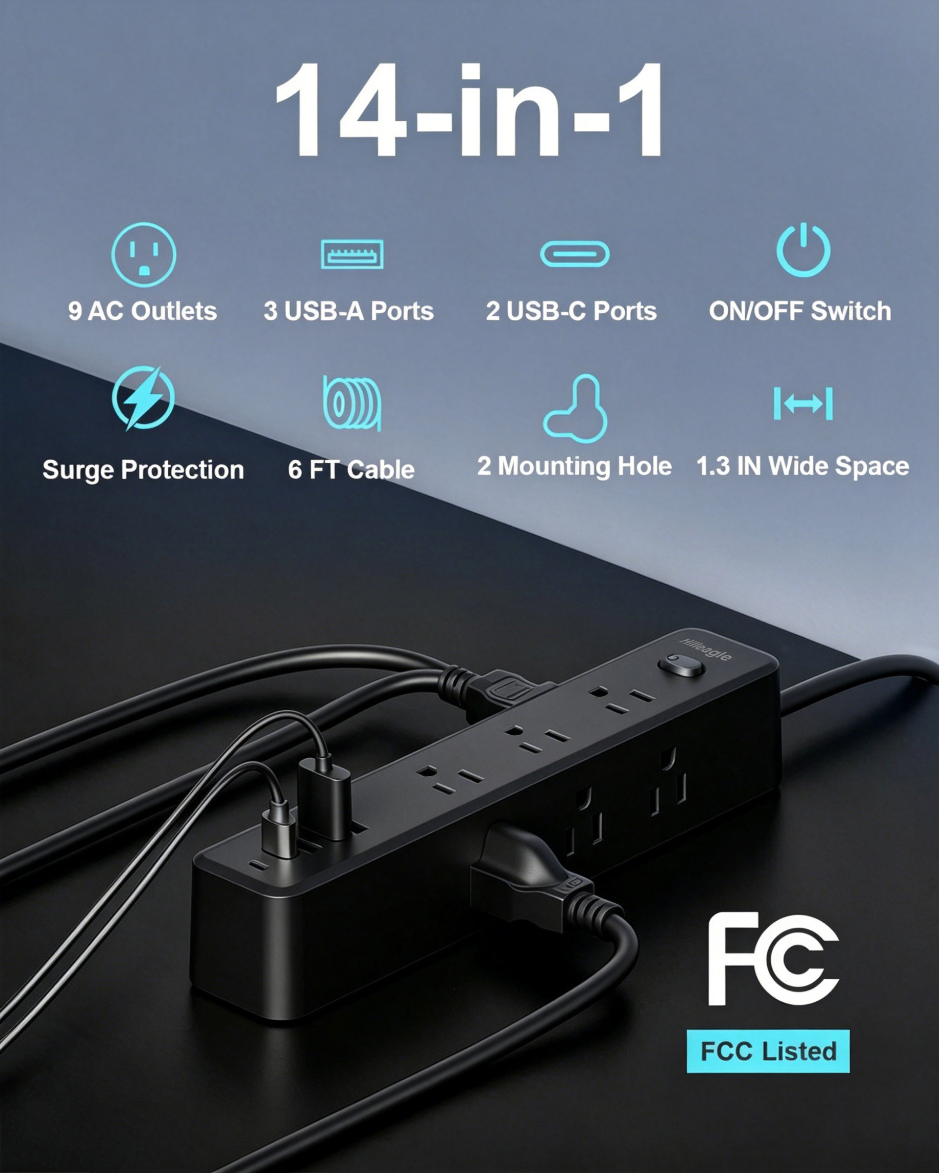 [Copy]Hilleagle 14-in-1 Surge Protector Power Strip with USB Charging | Black