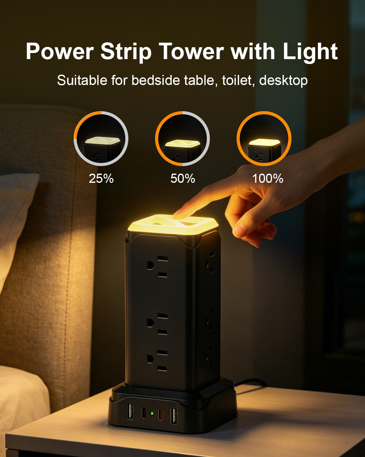 Hilleagle 16-in-1 Power Strip Tower | Smart Charging Station With LED Night Light | Black