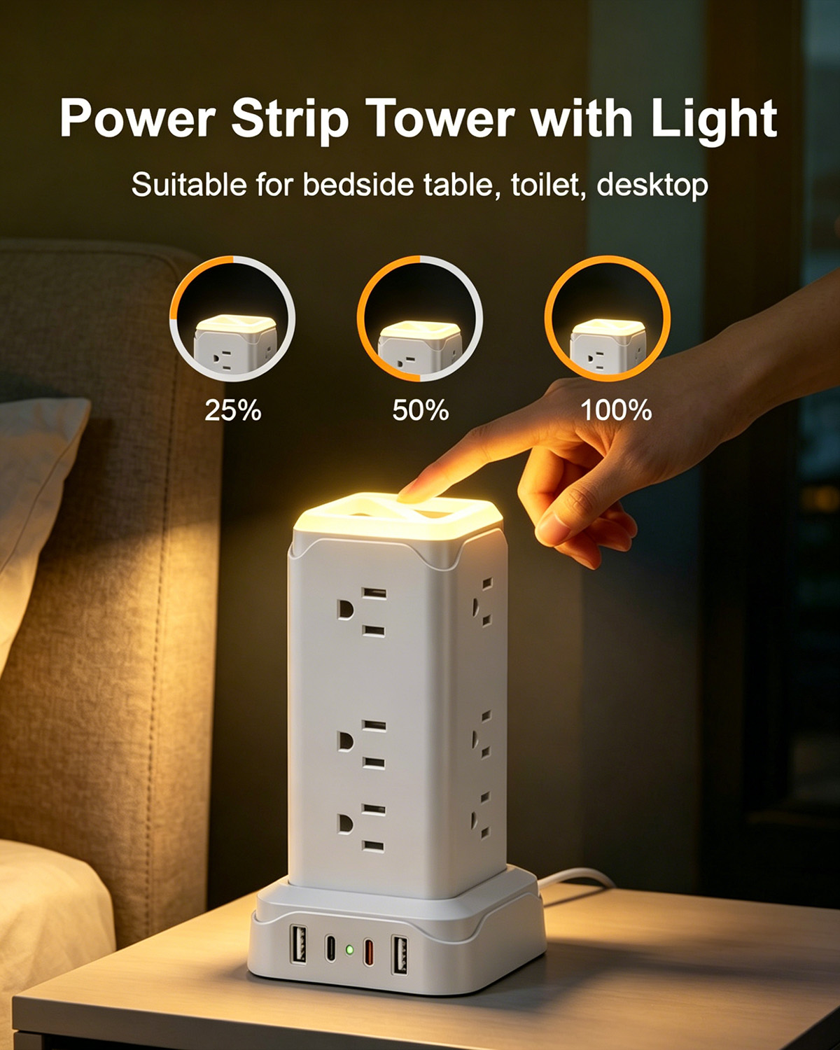 Hilleagle 16-in-1 Power Strip Tower | Smart Charging Station With LED Night Light