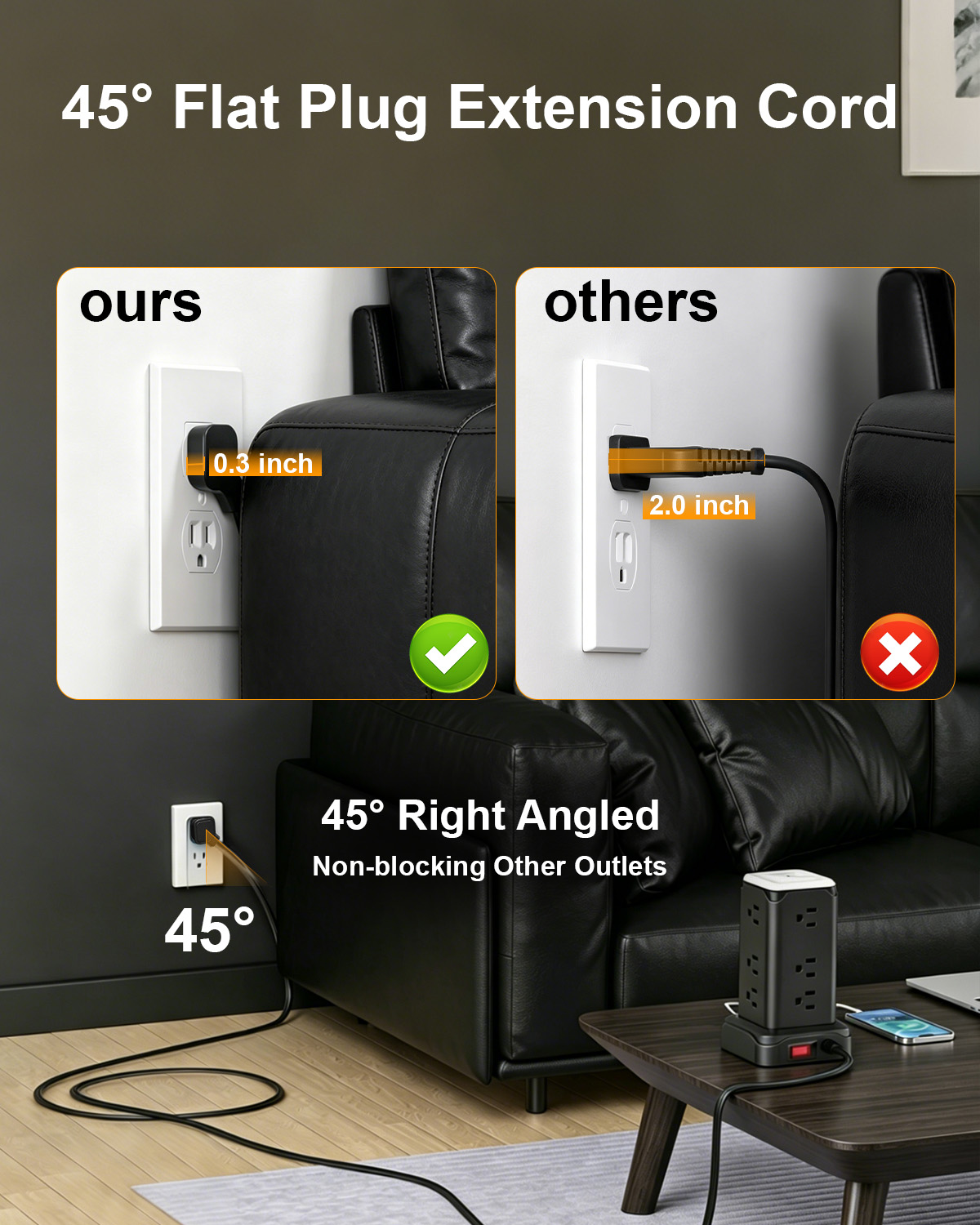 Hilleagle 16-in-1 Power Strip Tower | Smart Charging Station With LED Night Light | Black