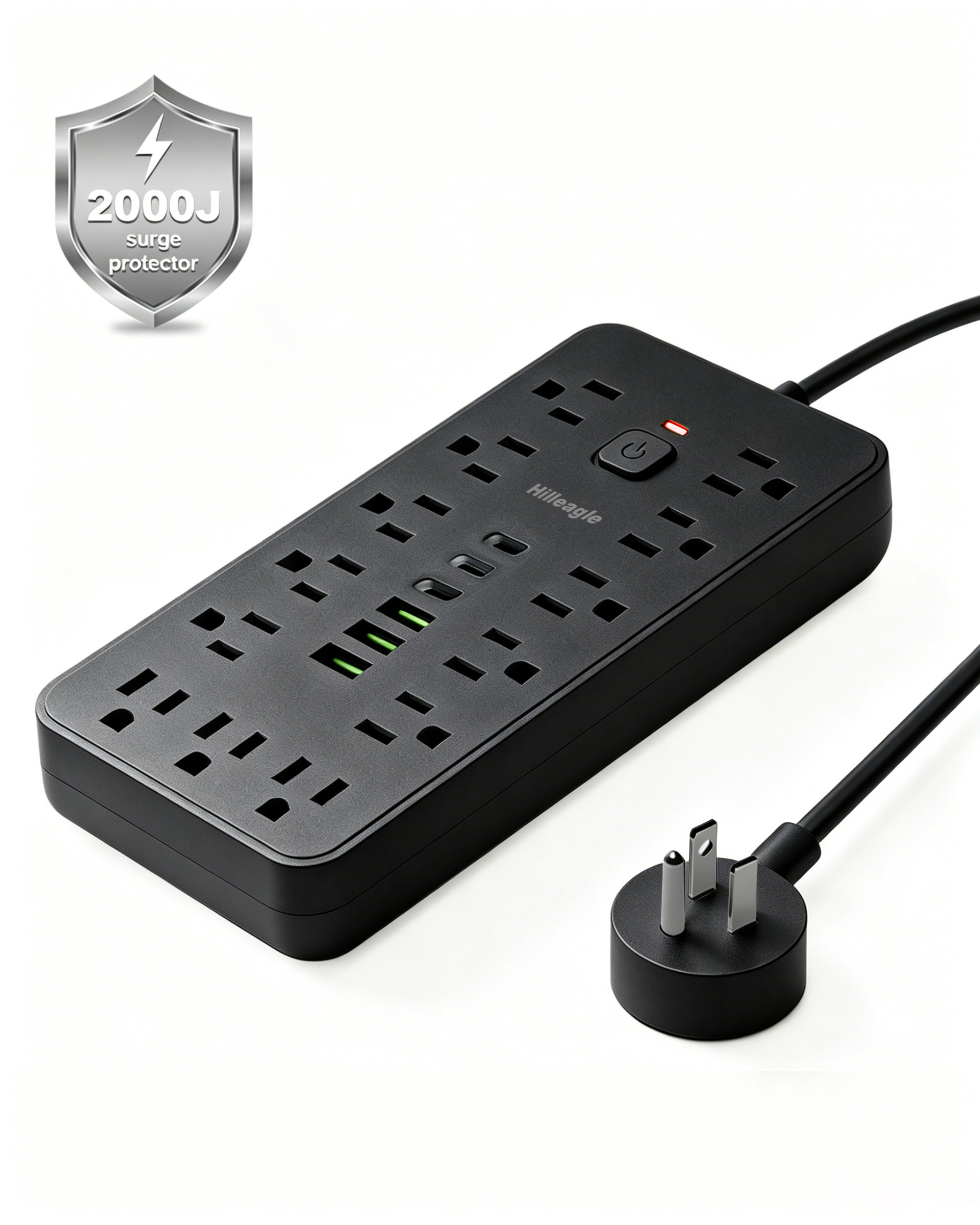Hilleagle 19-in-1 Power Strip with 13 AC Outlets & 6 USB Ports, Surge Protector with 6ft Flat Plug Cable | Black