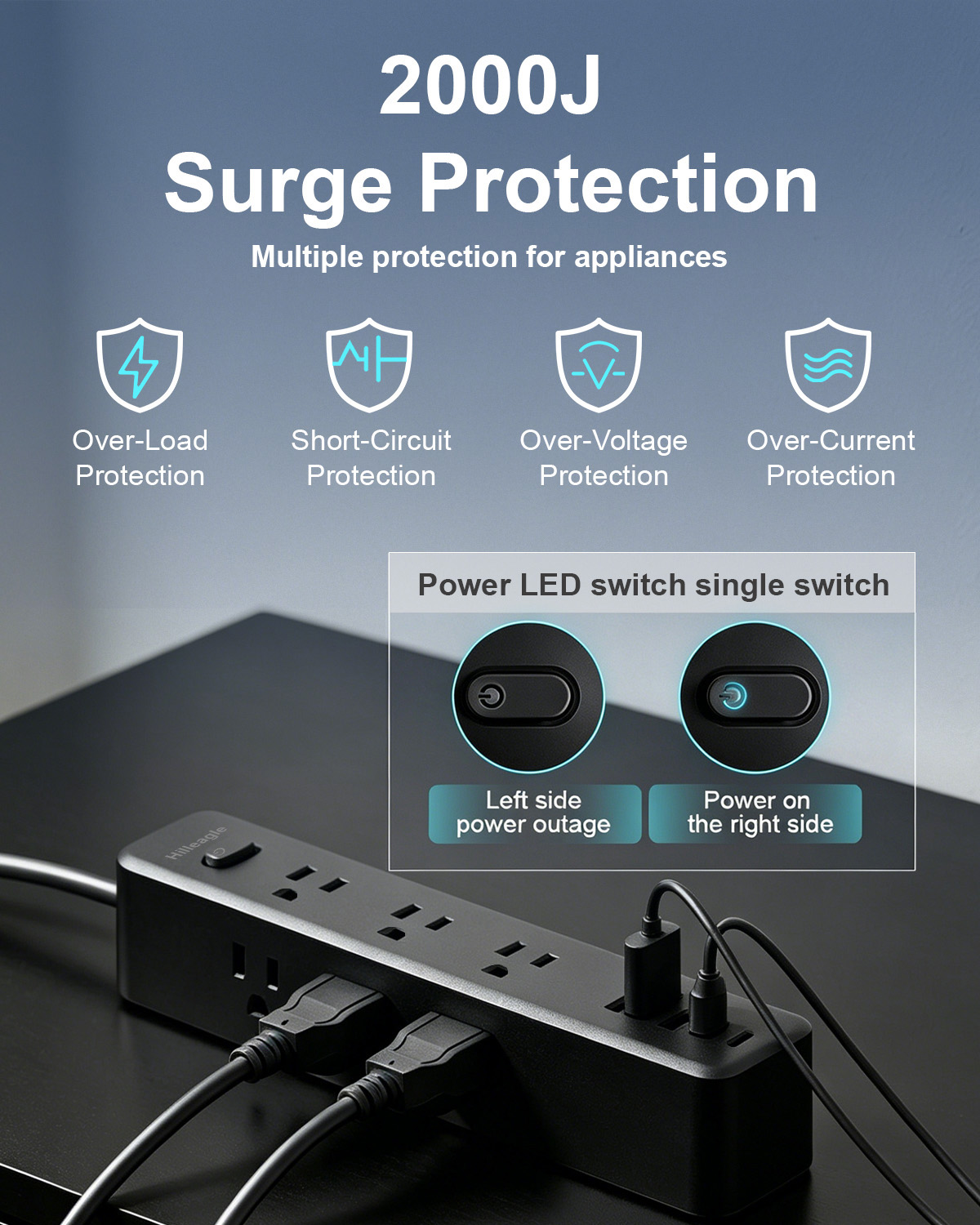 [Copy]Hilleagle 14-in-1 Surge Protector Power Strip with USB Charging | Black