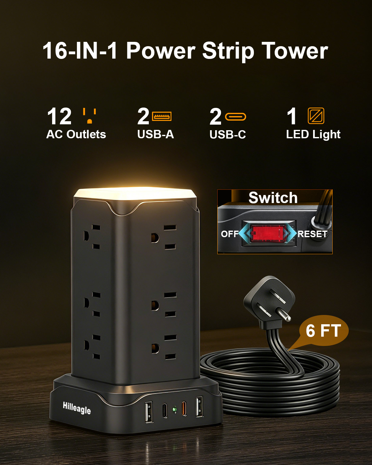 Hilleagle 16-in-1 Power Strip Tower | Smart Charging Station With LED Night Light | Black