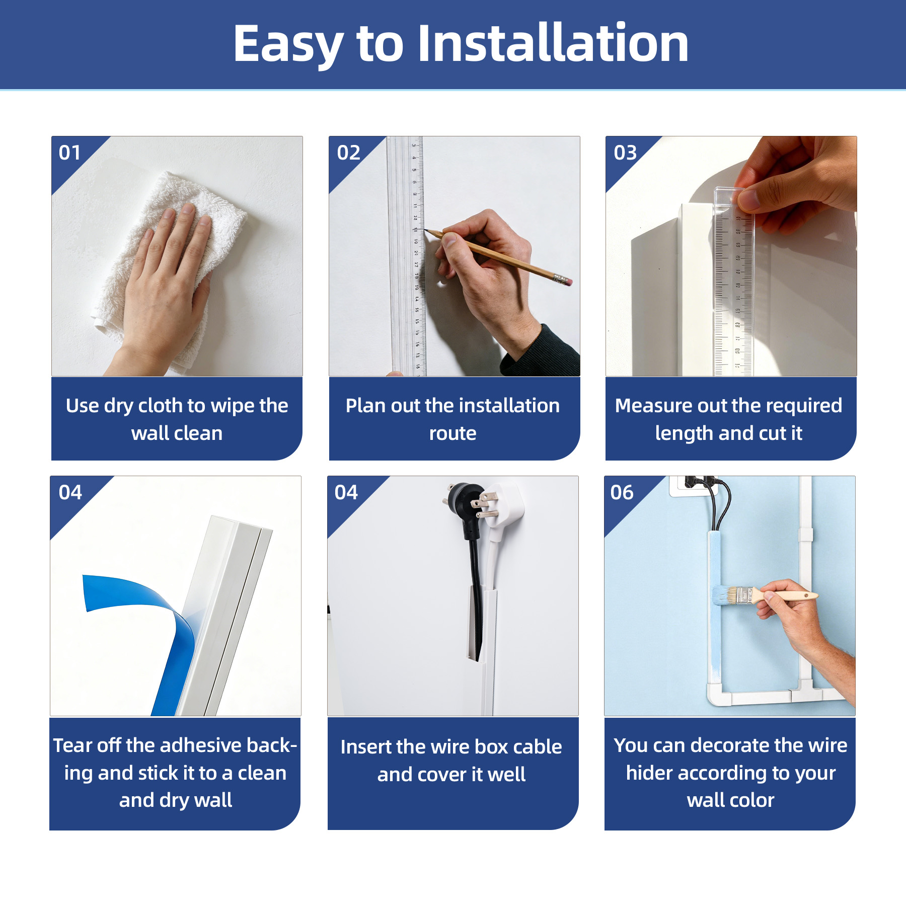 Cable Management Cord Hider Kit – 94.5in Paintable Wall Cable Raceway for Home & Office - White