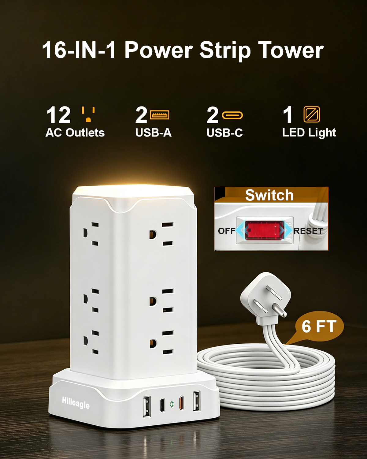 Hilleagle 16-in-1 Power Strip Tower | Smart Charging Station With LED Night Light