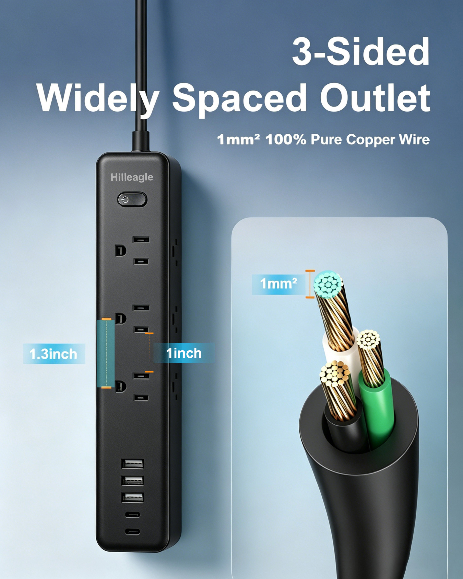[Copy]Hilleagle 14-in-1 Surge Protector Power Strip with USB Charging | Black