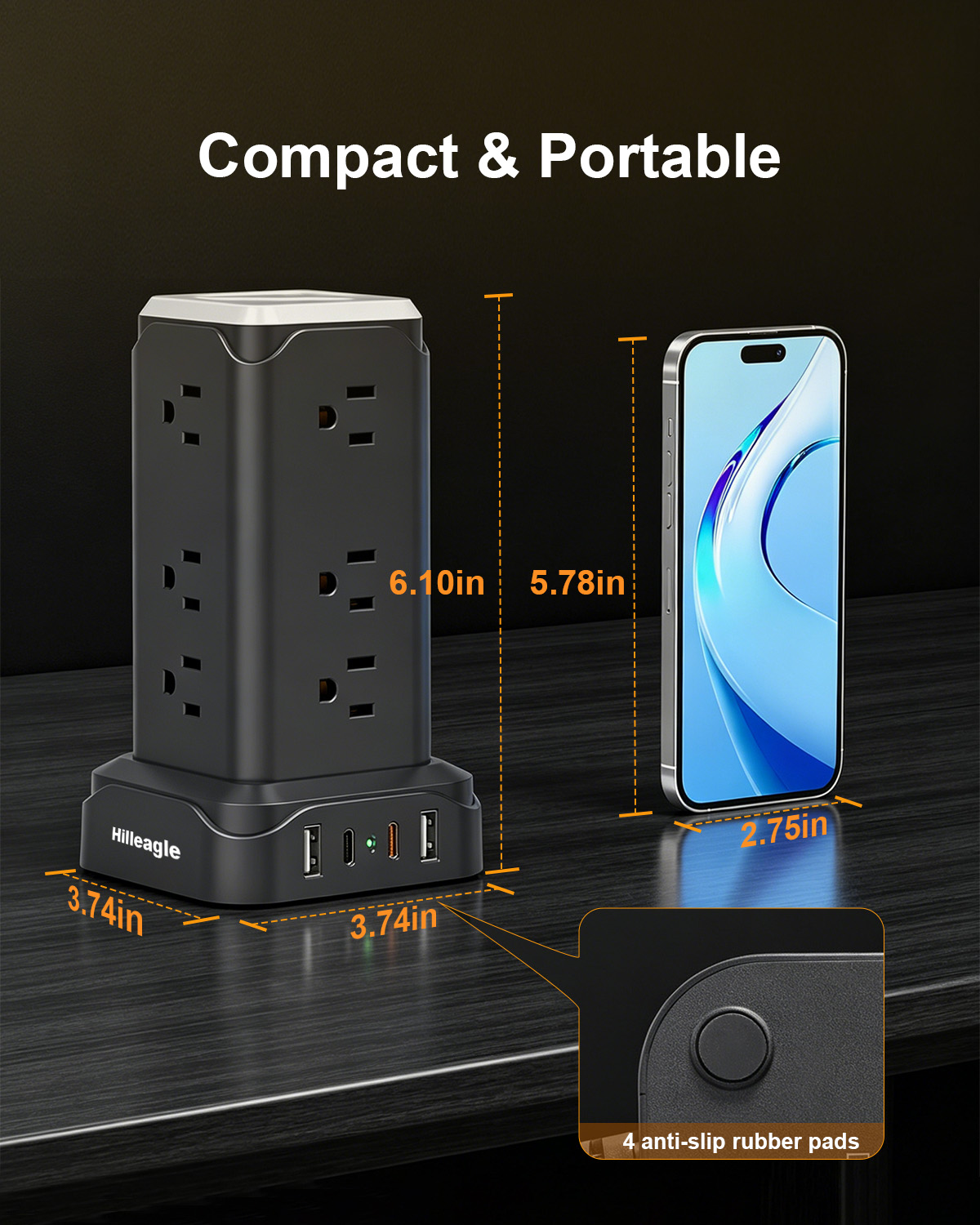 Hilleagle 16-in-1 Power Strip Tower | Smart Charging Station With LED Night Light | Black