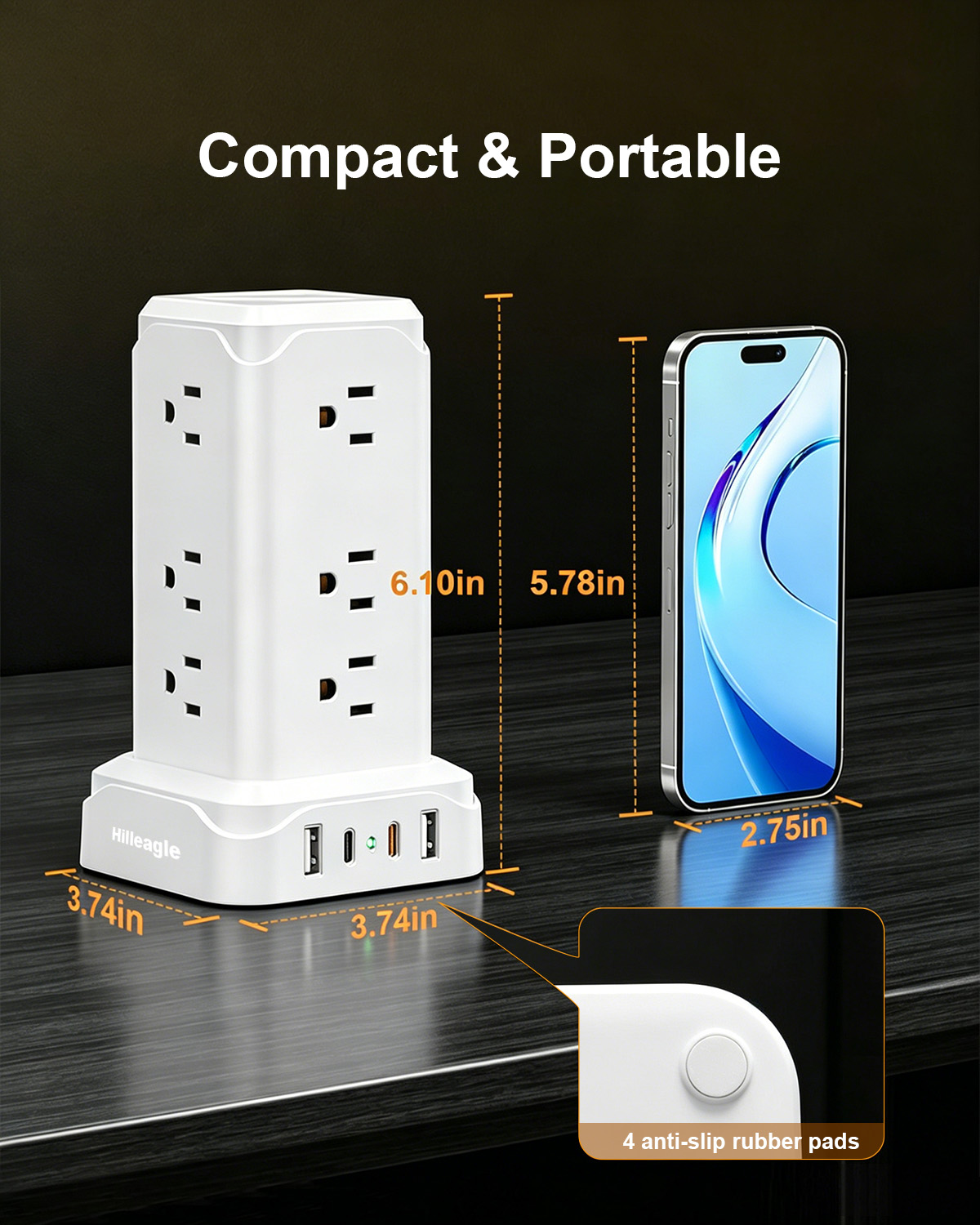 Hilleagle 16-in-1 Power Strip Tower | Smart Charging Station With LED Night Light