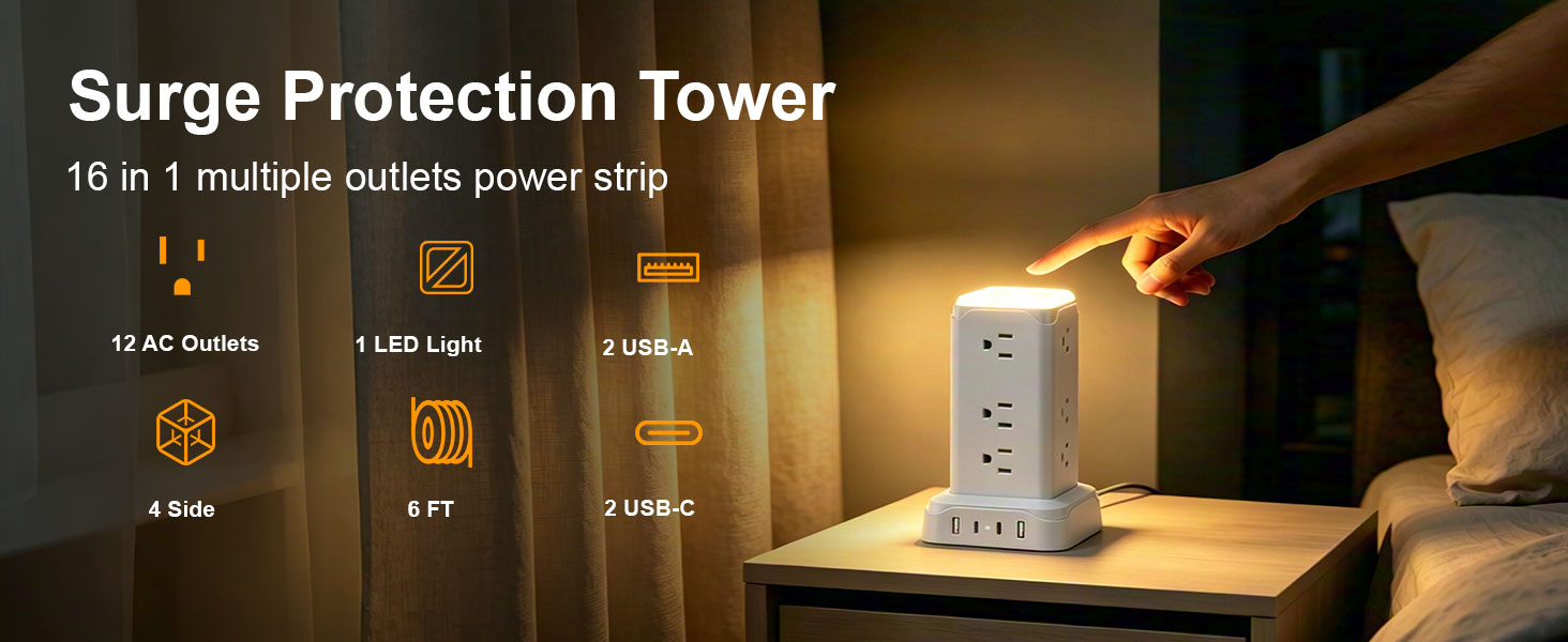 16-in-1 Power Strip Tower | Smart Charging Station With LED Night Light