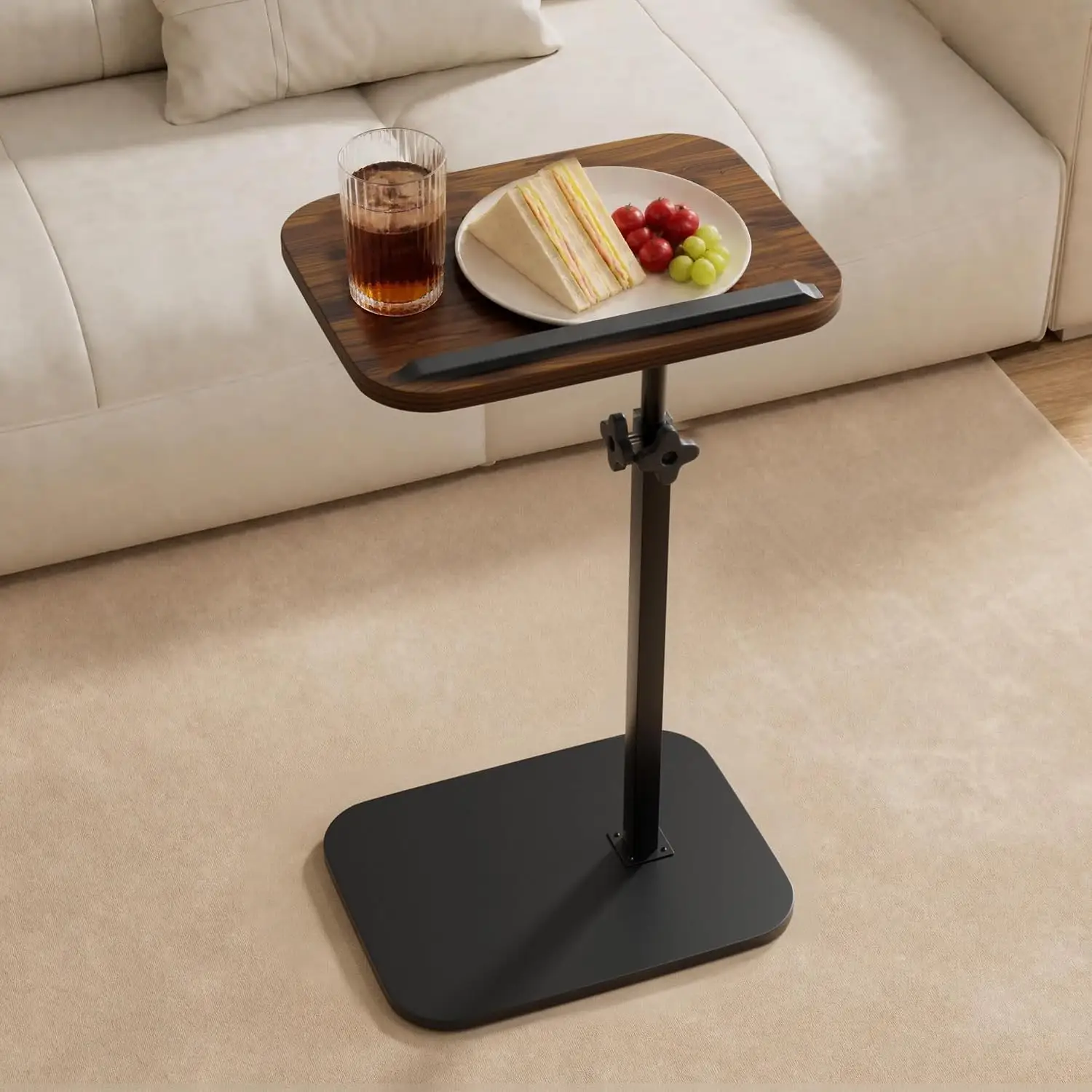 Hilleagle Adjustable C-Shape TV Tray Table with 360° Swivel, Walnut