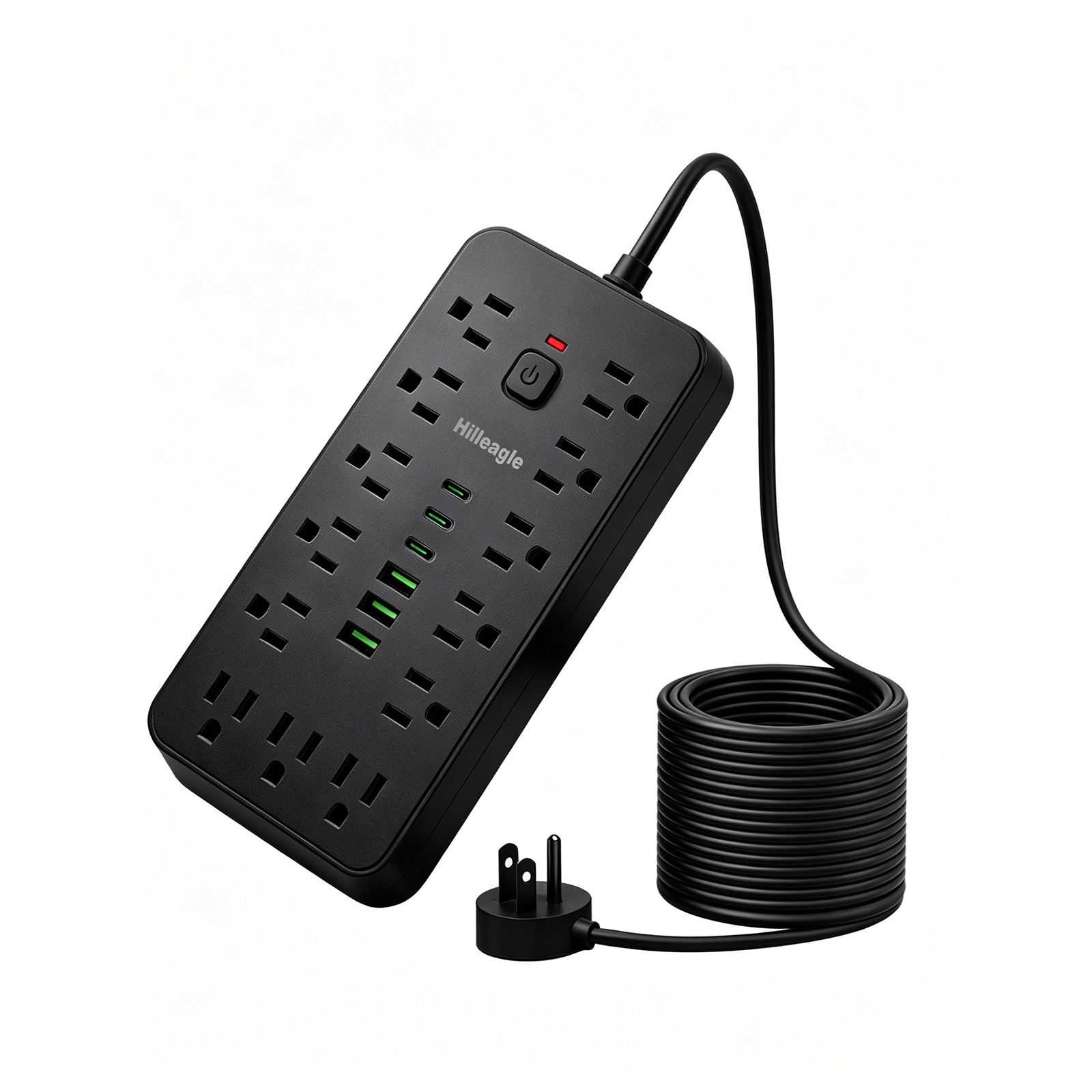Hilleagle 19-in-1 Power Strip with 13 AC Outlets & 6 USB Ports, Surge Protector with 6ft Flat Plug Cable | Black