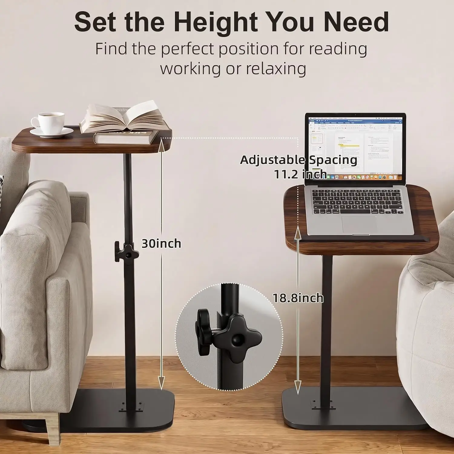 Hilleagle Adjustable C-Shape TV Tray Table with 360° Swivel, Walnut