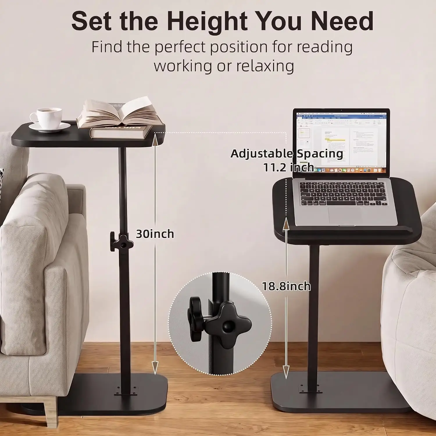 Hilleagle C-Shaped End Table – 360° Swivel & Adjustable Height TV Tray for Couch and Bed