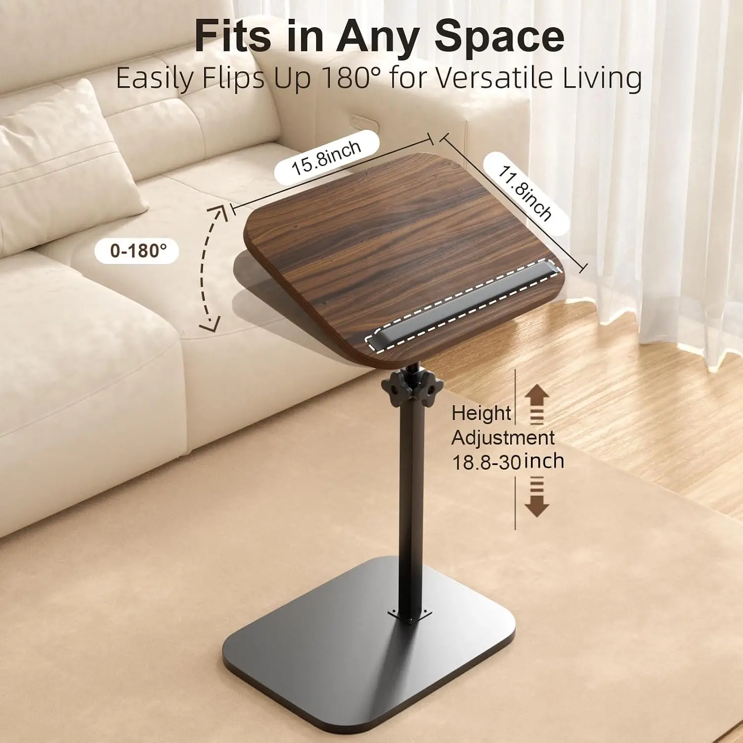 Hilleagle Adjustable C-Shape TV Tray Table with 360° Swivel, Walnut