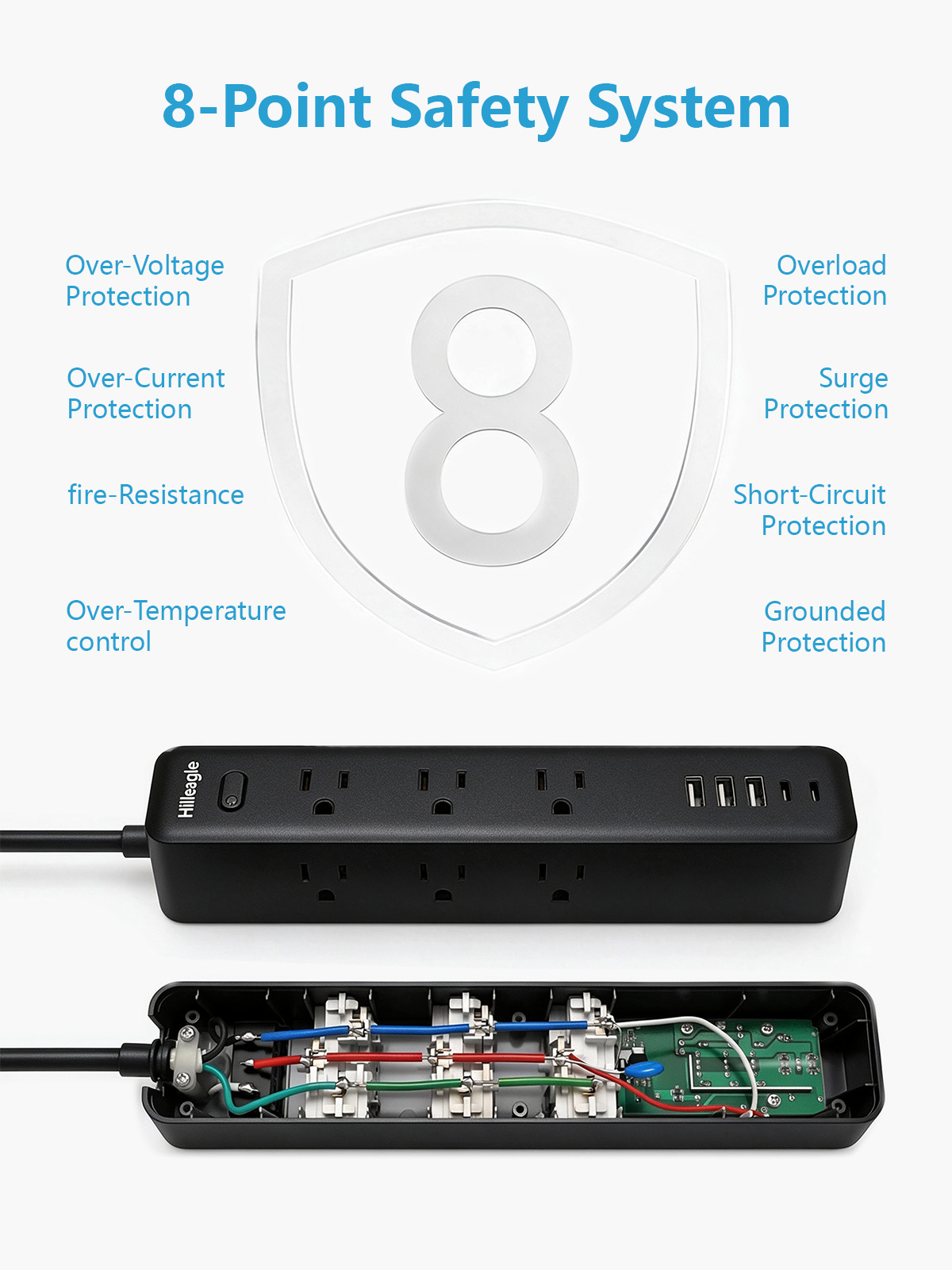 Hilleagle 14-in-1 Surge Protector Power Strip with USB Charging | Black