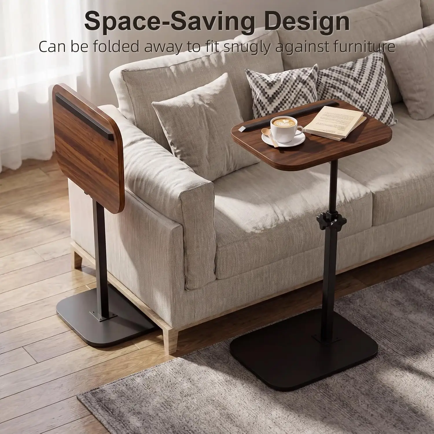 Hilleagle Adjustable C-Shape TV Tray Table with 360° Swivel, Walnut