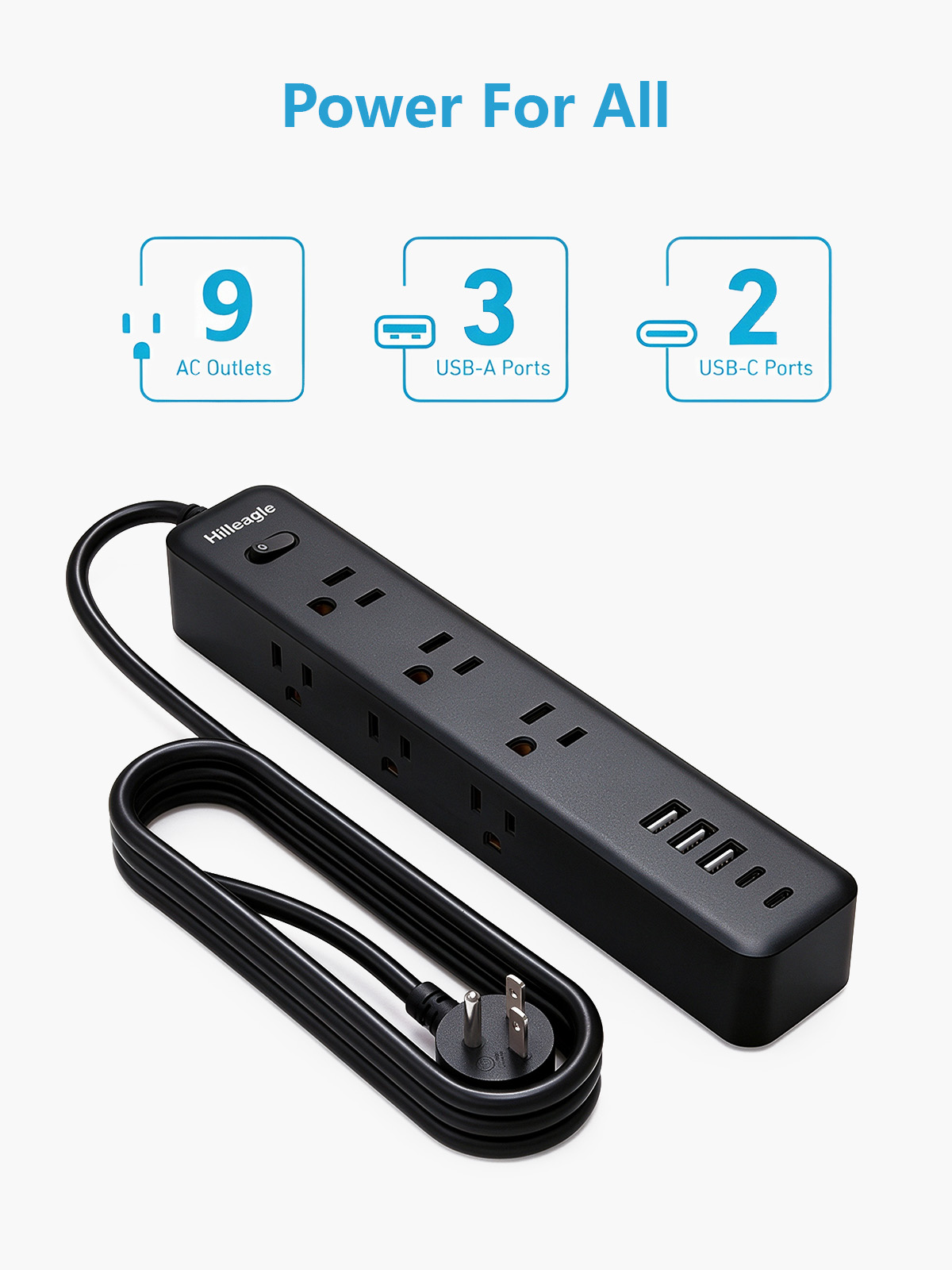 Hilleagle 14-in-1 Surge Protector Power Strip with USB Charging | Black