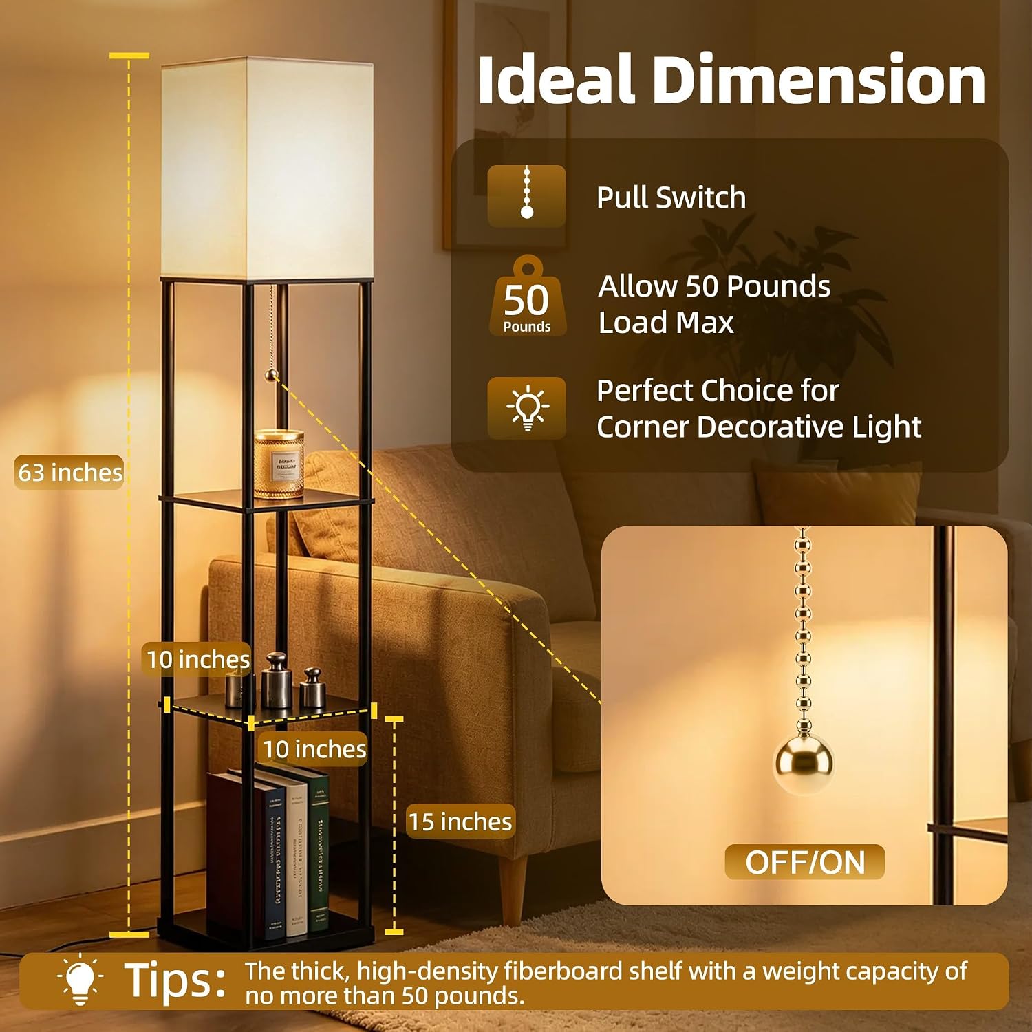 Hilleagle Floor Lamp with 3-Tier Shelves