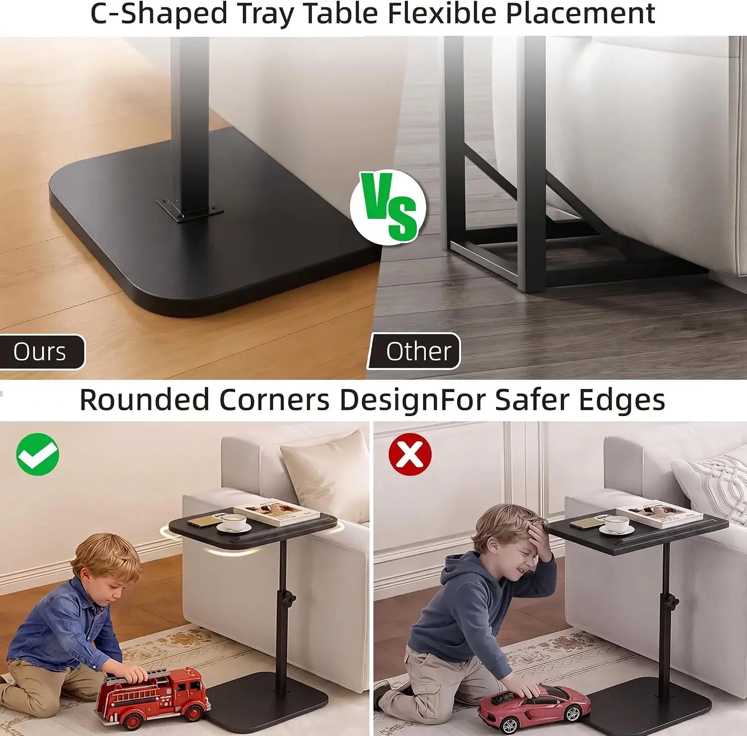 Hilleagle C-Shaped End Table – 360° Swivel & Adjustable Height TV Tray for Couch and Bed