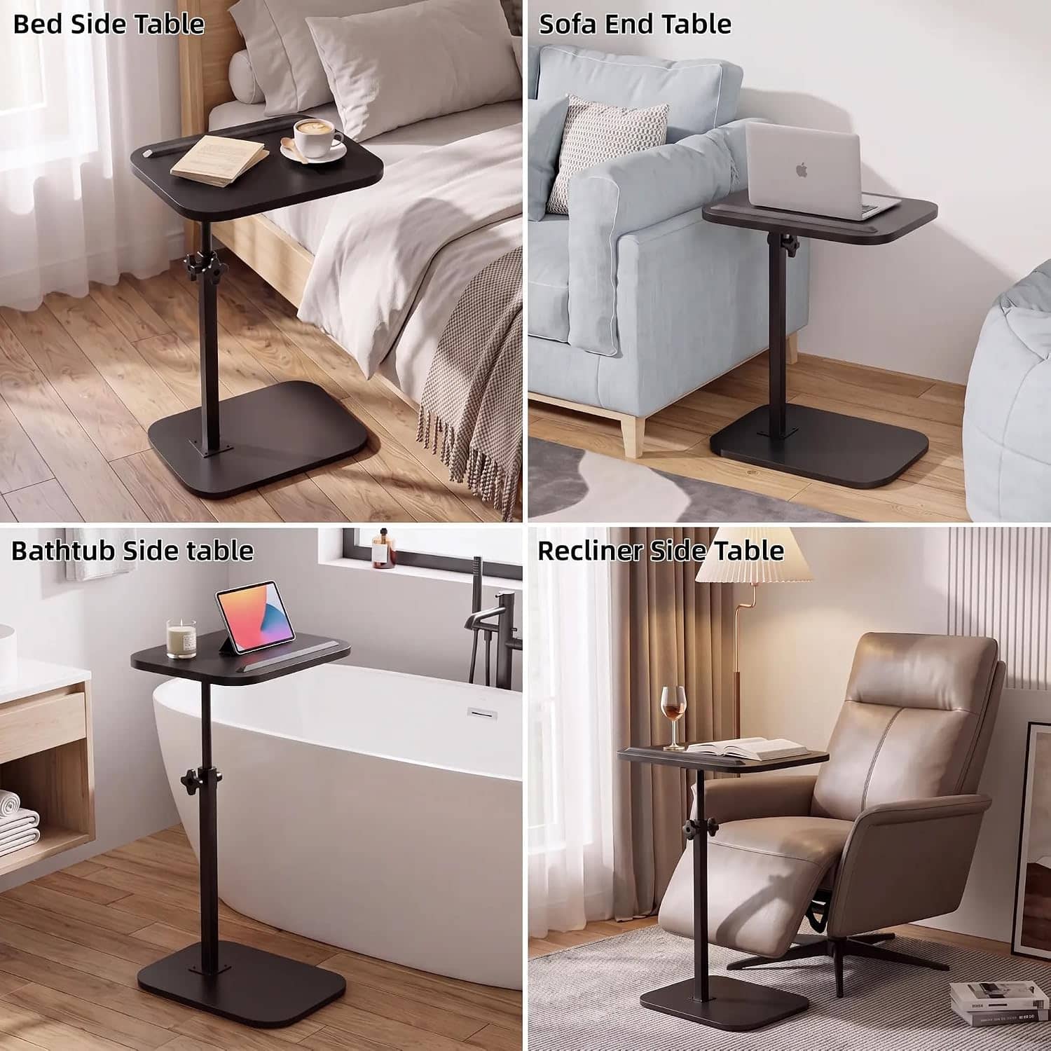 Hilleagle C-Shaped End Table – 360° Swivel & Adjustable Height TV Tray for Couch and Bed