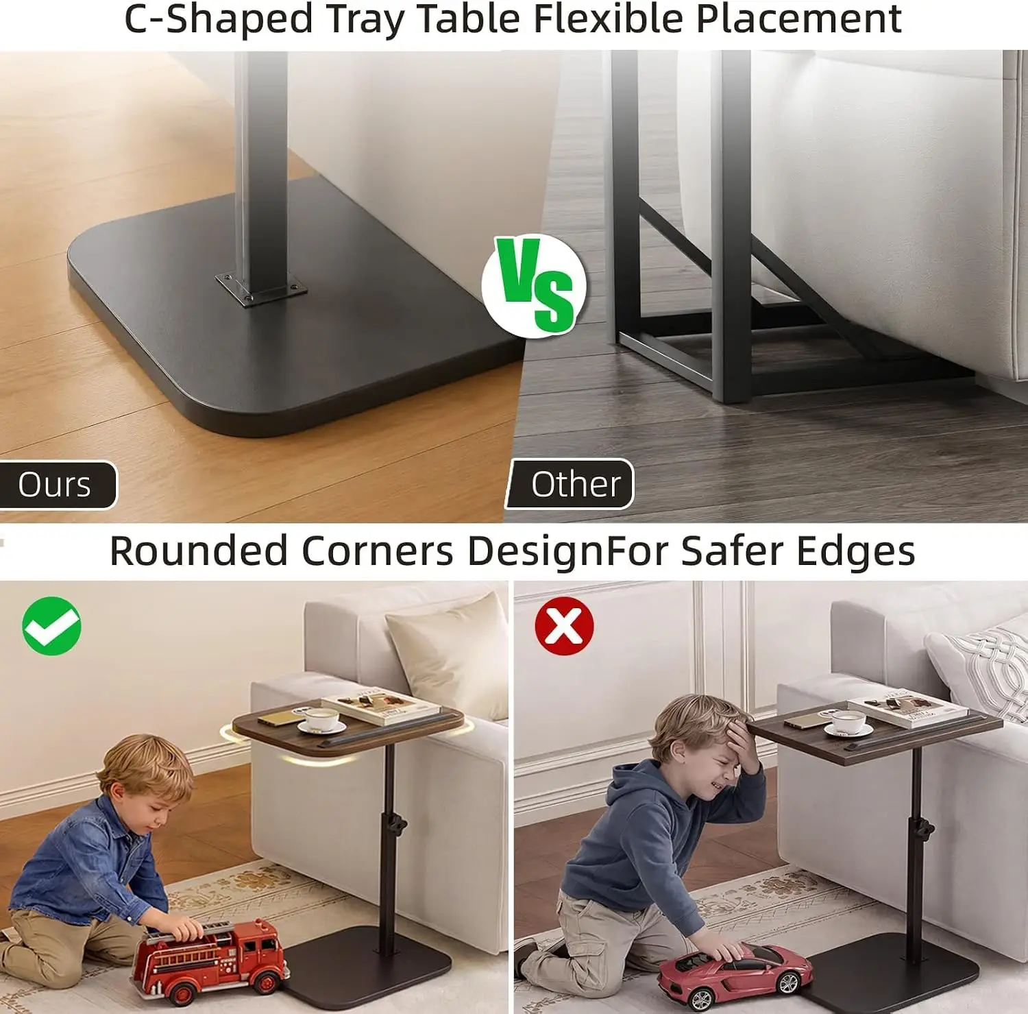 Hilleagle Adjustable C-Shape TV Tray Table with 360° Swivel, Walnut