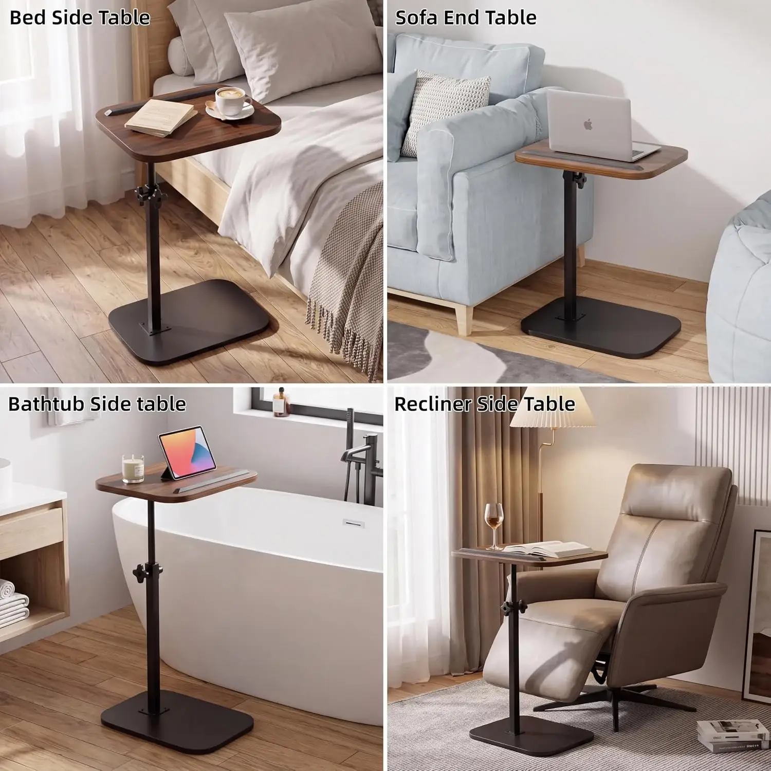 Hilleagle Adjustable C-Shape TV Tray Table with 360° Swivel, Walnut
