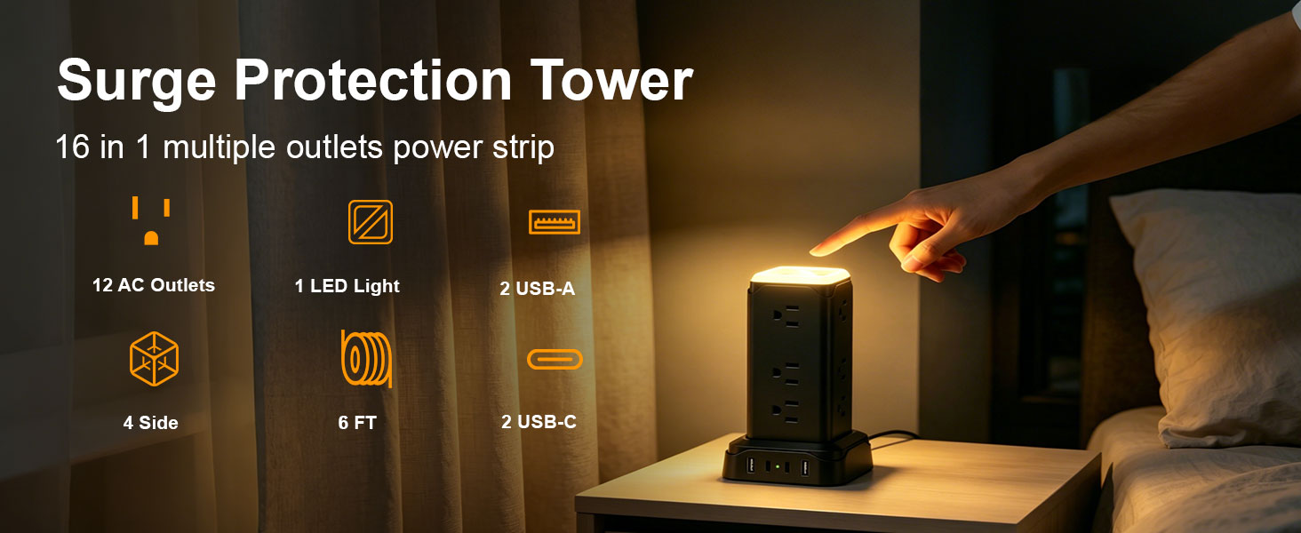 16-in-1 Power Strip Tower | Smart Charging Station With LED Night Light