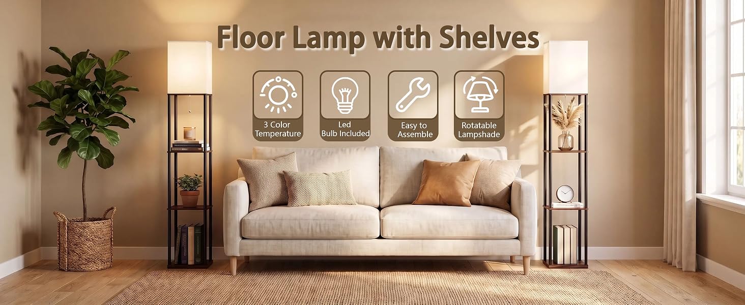 Hilleagle 3-tier corner shelf floor lamp in a modern living room