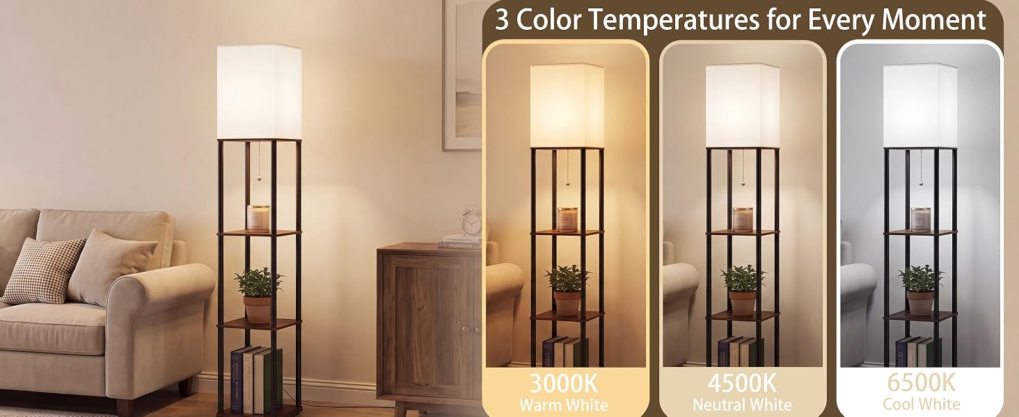Hilleagle shelf floor lamp with three display shelves and ambient lighting